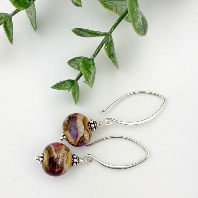 Purple & Green Lampwork Bead Earrings – Sterling Silver