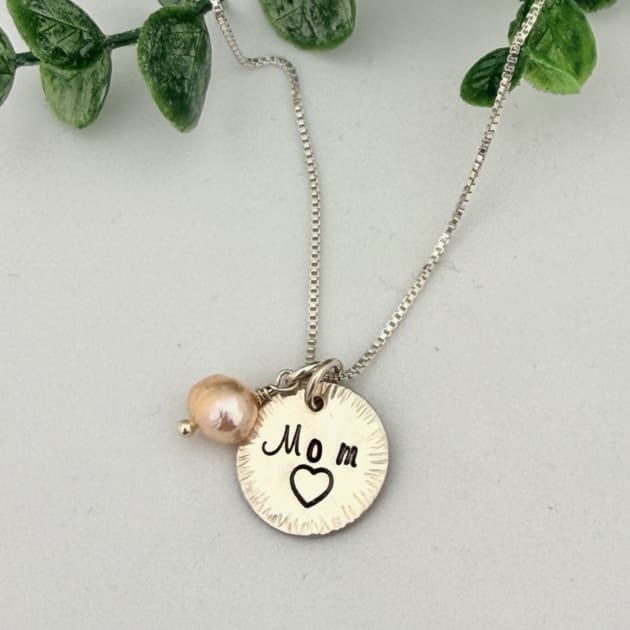 “Mom” Hand Stamped Necklace with Pearl – Sterling Silver