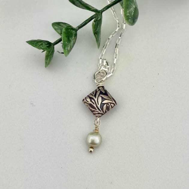 Sterling Silver Square & Pearl Pendant Necklace